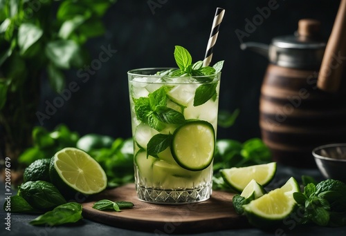 Cold drink with basil cucumber and lime Mojito lemonade with basil Infused cucumber drink with mint