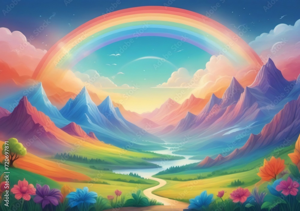 Childrens Illustration Of Vibrant Fantasy Landscape With Rainbow Over Mountains And Valley. Dreamy Nature Scene.