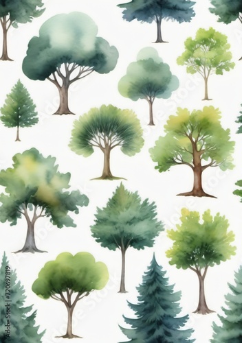 Watercolor Illustration Of A Set Of Watercolor Trees Isolated On White Background © Pixel Matrix