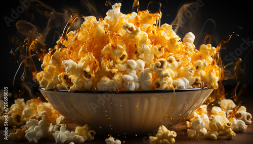 Fresh popcorn, movie theater, watching film, delicious snack, buttery goodness generated by AI