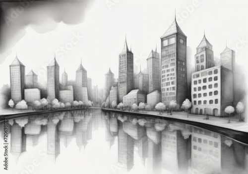 Childrens Illustration Of Black And White Sketch City With Reflection Drawing In Watercolor Pencil.