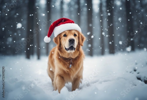 Cute golden retriever dog wearing Christmas red Santa Claus hat in snow falling sky scene Winter For