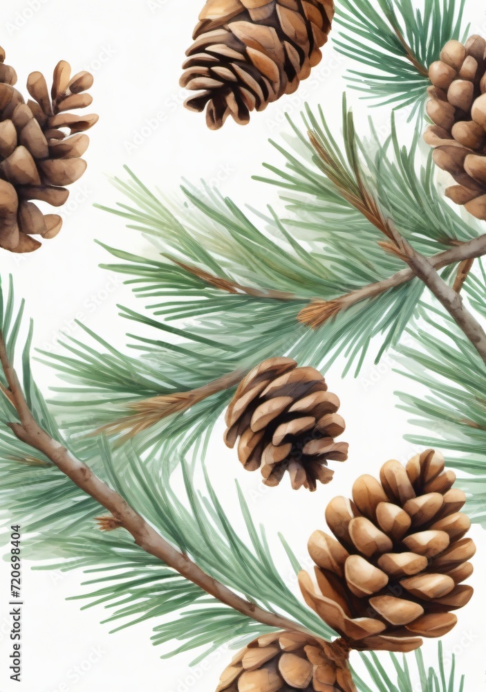 Fototapeta premium Watercolor Illustration Of A Pine Tree Branch And Cone Isolated On White Background