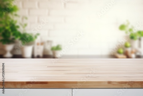 an empty table, a light background, a tabletop for the display of your product. blurred kitchen background.