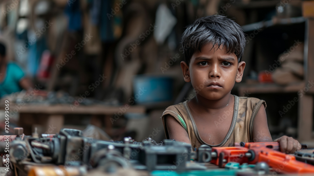 Sad Indian child is producing plastic toy, workshop on the background, child labour as a problem Sad Indian child is producing plastic toy, workshop on the background, child labour as a problem