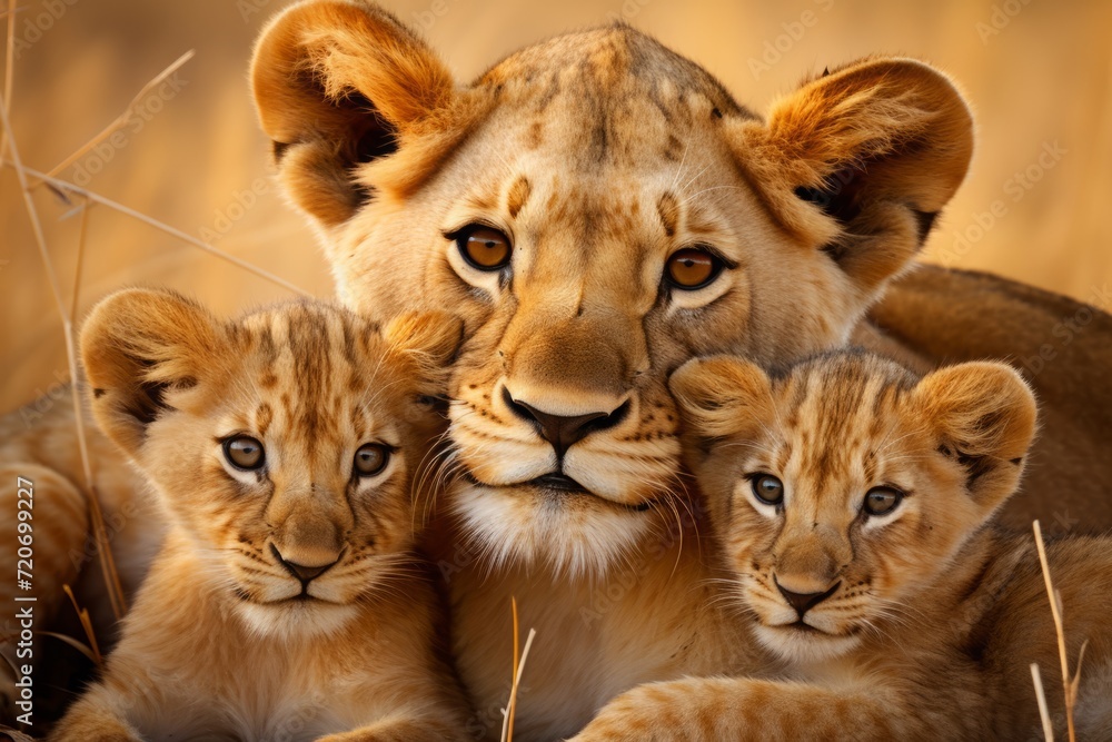 Obraz premium mother lioness with her young ones, little lion cubs, cuddles together. family, motherhood in animals. wildlife.