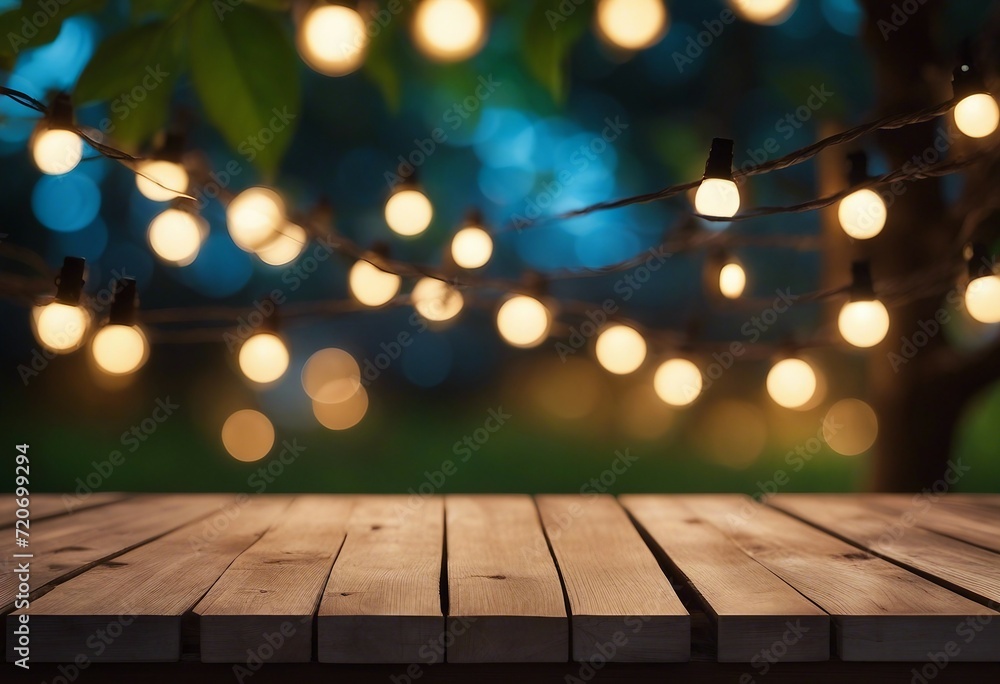Empty Wood table top with decorative outdoor string lights hanging on tree in the garden at night ti