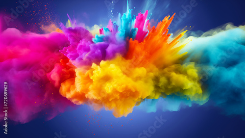 Colorful vibrant rainbow Holi paint color powder festival explosion burst isolated With Blue Background