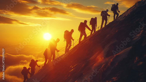 Group of People Climbing the Steep Side of a Mountain