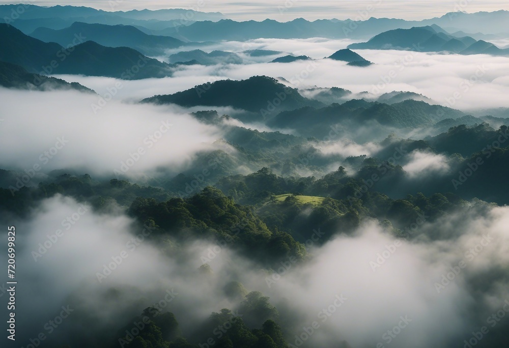 Foggy landscape in the jungle Fog and cloud mountain tropic valley landscape aerial view wide misty