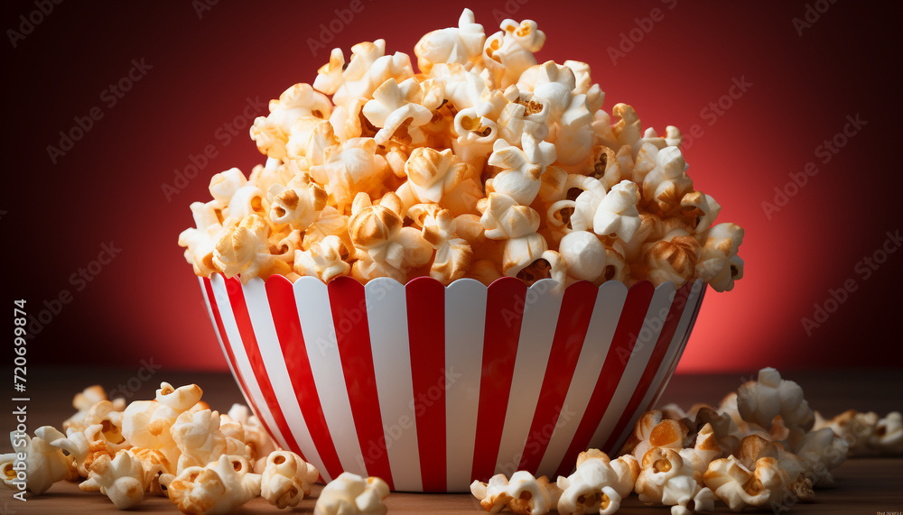 A large bucket of fresh popcorn, perfect for movie snacking generated by AI