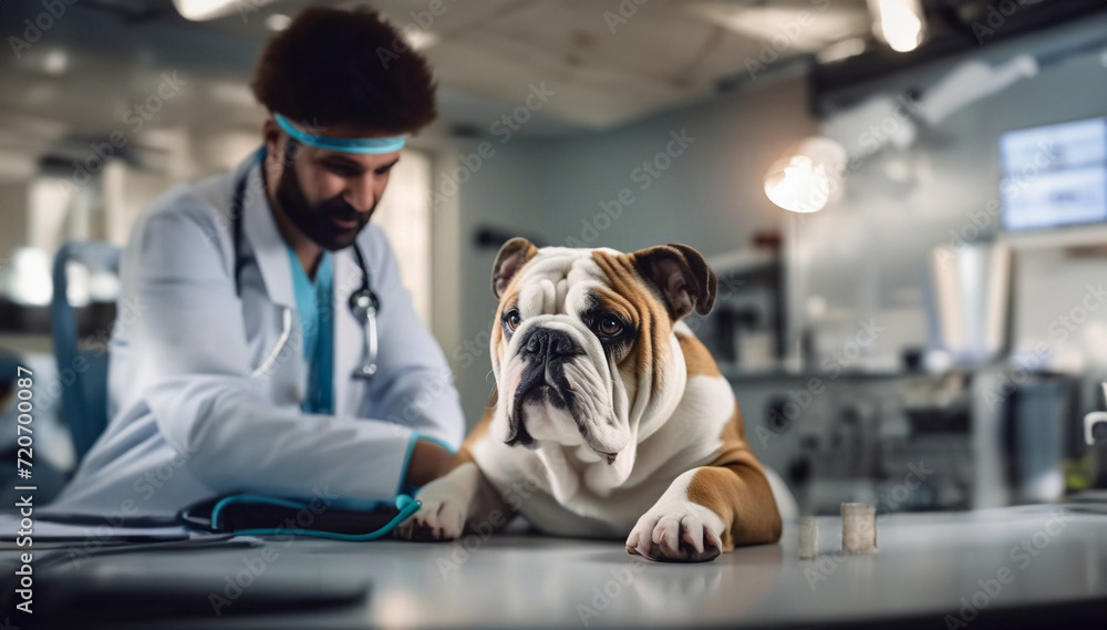 English bulldog dog in a veterinary clinic with a veterinarian.