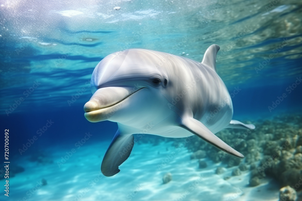 Obraz premium A dolphin swims underwater in the ocean in natural conditions.
