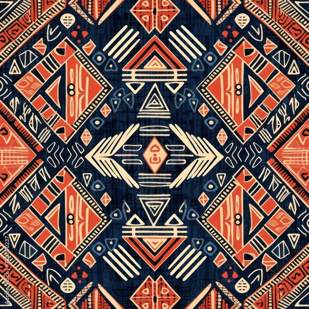 Coral, mahogany, and navy seamless African pattern, tribal motifs grunge texture on textile background