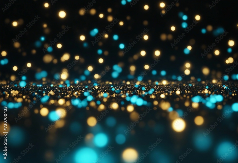 Glitter vintage lights background gold blue and black de-focused blurred yellow and cyan glow sparks