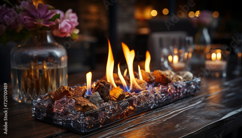 Glowing candle illuminates rustic table, creating cozy celebration ambiance generated by AI