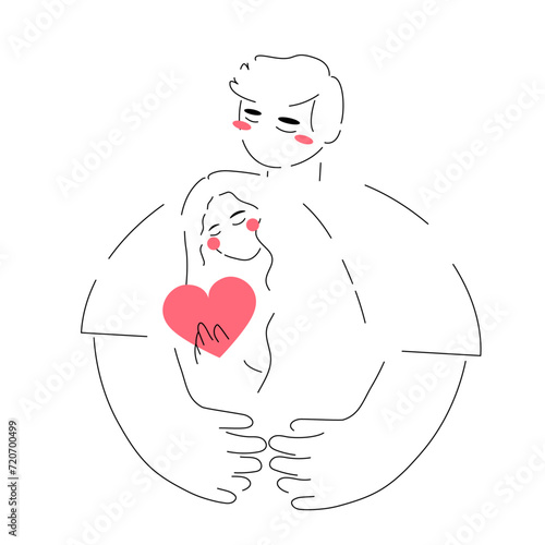 Valentine's day. Tenderness and romantic concept. Love card. Couple in love hugs. Cute line art vector postcards