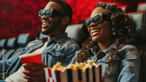 Man and a woman in a movie theater, both wearing 3D glasses, laughing and enjoying themselves with a popcorn bucket and a red cup in hand.