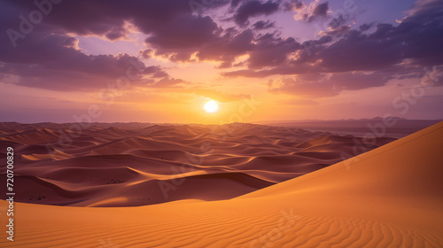 An image of a golden desert stretching as far as the eye can see  with rolling dunes and the setting sun painting the sky in shades of orange and purple
