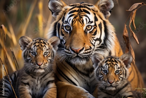 mother tigress with her young ones  little tiger cubs  cuddles together. family  motherhood in animals.
