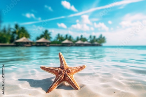 A starfish on the seashore on a blurred background of a bungalow in the Maldives. vacation at a tropical resort. summer calm nature without people. © MaskaRad