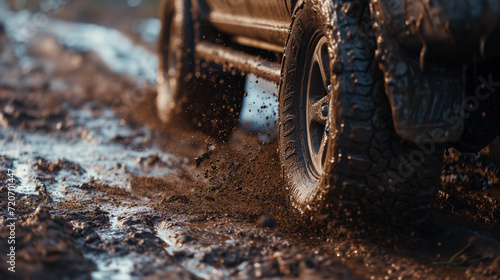 Close up of tires in the mud. Car driving offroad © AI Studio - R