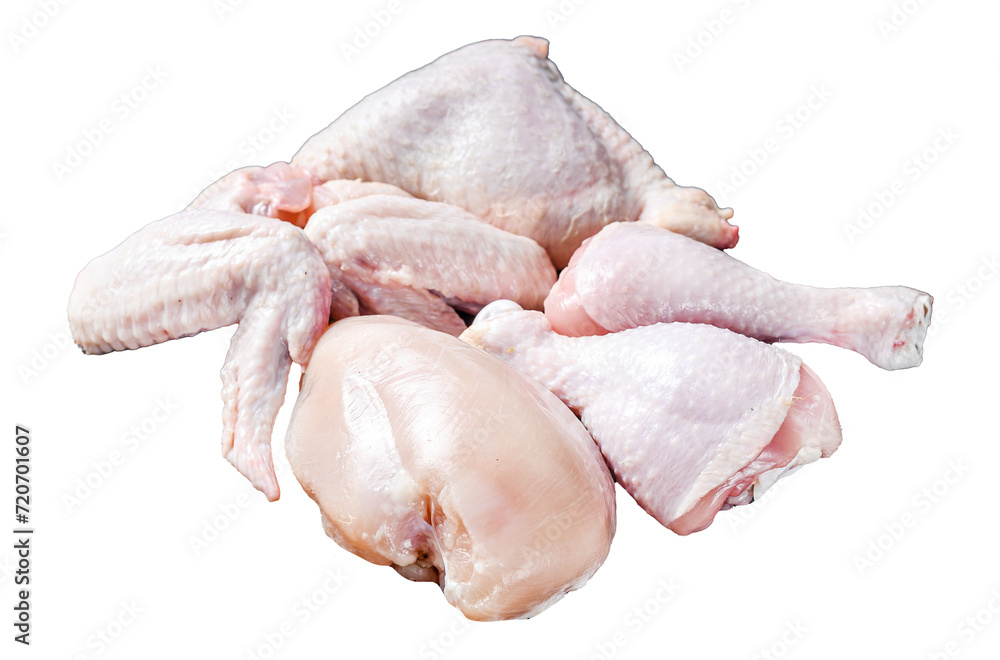 Raw chicken portions for cooking and barbecuing with skinless breasts, drumstick and wings.  Isolated, Transparent background. 