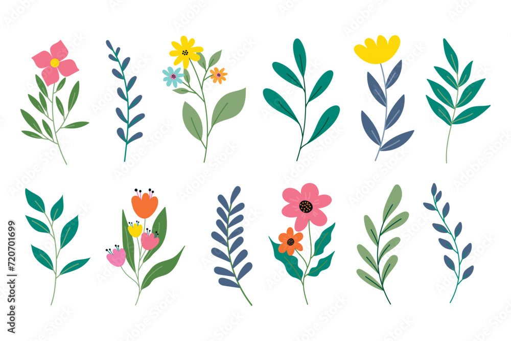 Flowers and plants collection. Spring botanical romantic set of blooming flowers, isolated on white background. Cartoon flowers and branches - obrazy, fototapety, plakaty 