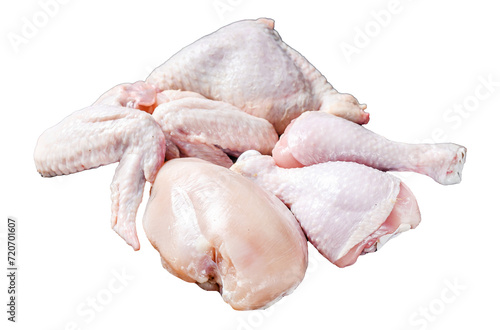 Raw chicken portions for cooking and barbecuing with skinless breasts, drumstick and wings.  Isolated, Transparent background. 