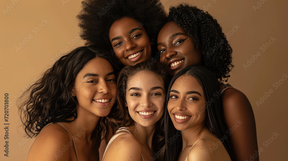 Fototapeta premium Smiling women are huddled closely together, portraying a warm, friendly, and diverse group.