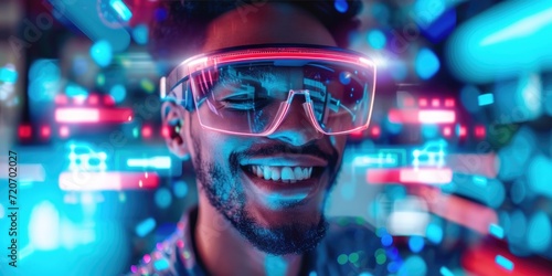 E-commerce startup concept. Smiling young businessman with a futuristic AI headset, holographic screens displaying around