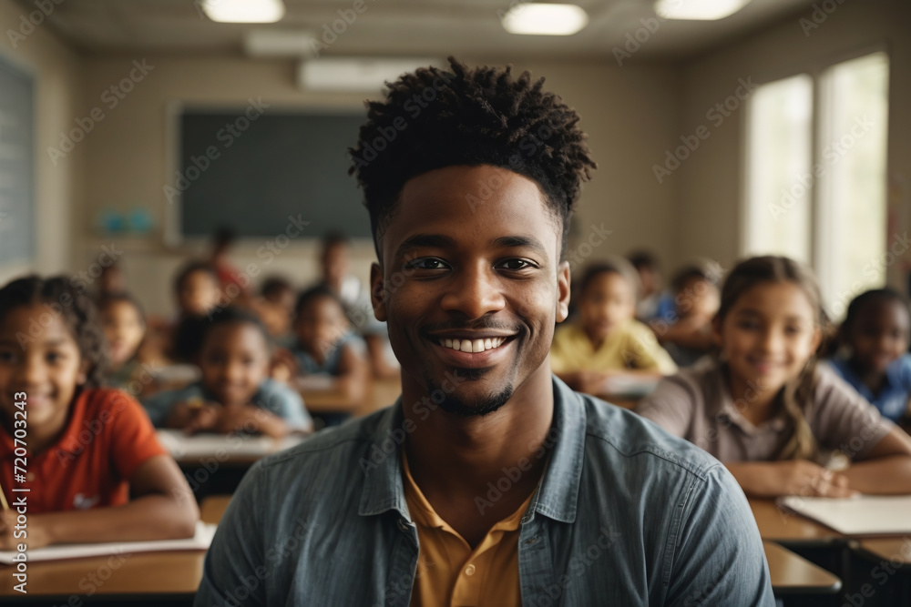 Obraz premium young teacher portrait in the classrrom