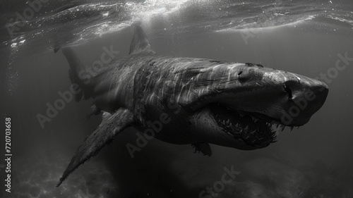 huge old shark with scars and chips. underwater footage of the marine world. mysterious sea creatures. Generative AI