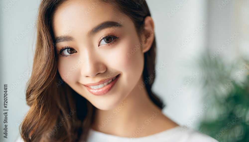 Korean asian woman with double eyelids showcases flawless, bright white skin in a captivating stock photo for skincare advertisements Korean asian woman with double eyelids showcases flawless, bright white skin in a captivating stock photo for skincare advertisements