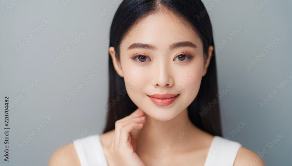 Korean asian woman with double eyelids showcases flawless, bright white skin in a captivating stock photo for skincare advertisements Korean asian woman with double eyelids showcases flawless, bright white skin in a captivating stock photo for skincare advertisements