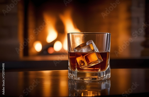 Whiskey with ice stands on a wooden table in the living room against the background of the fireplace
