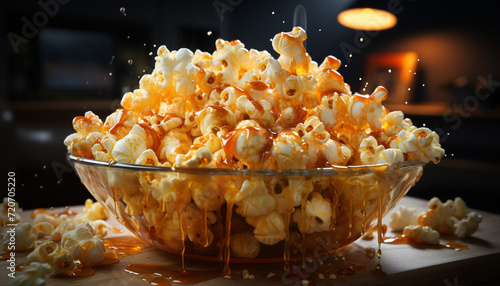 Fresh gourmet snack, sweet corn on wooden table at movie theater generated by AI