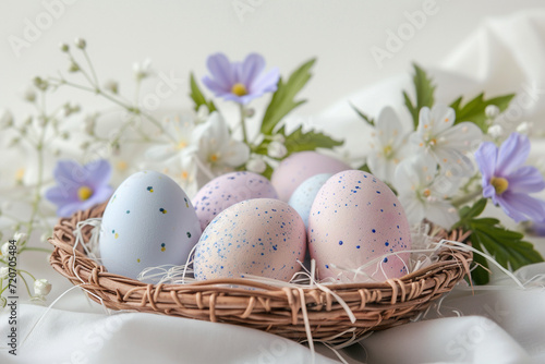 Happy Easter. Congratulatory easter background. Easter eggs and flowers.