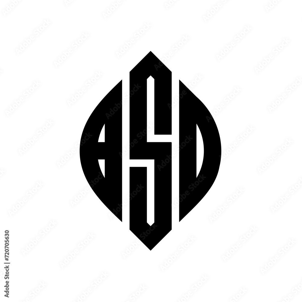BSD circle letter logo design with circle and ellipse shape. BSD ellipse letters with typographic style. The three initials form a circle logo. BSD Circle Emblem Abstract Monogram Letter Mark Vector.