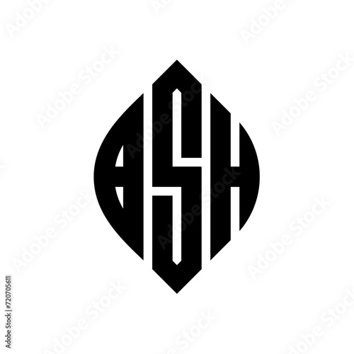 BSH circle letter logo design with circle and ellipse shape. BSH ellipse letters with typographic style. The three initials form a circle logo. BSH Circle Emblem Abstract Monogram Letter Mark Vector.