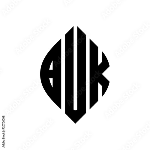 BUK circle letter logo design with circle and ellipse shape. BUK ellipse letters with typographic style. The three initials form a circle logo. BUK Circle Emblem Abstract Monogram Letter Mark Vector.