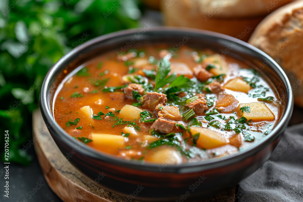 Goulash soup with Mediterranean herbs and potato. Goulash soup with Mediterranean herbs and potato.