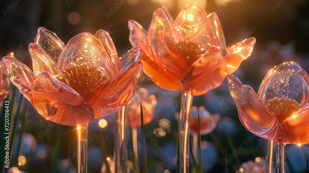 A crystal flower garden bathed in warm sunlight, highlighting the transparency and brilliance of each unique blossom - obrazy, fototapety, plakaty 