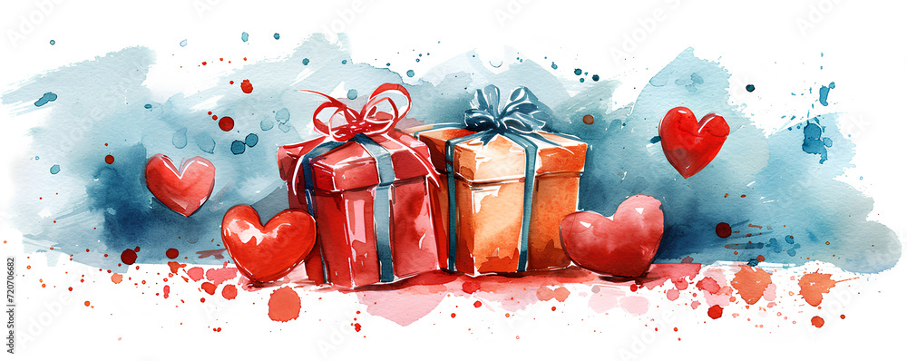 gifts and red hearts in watercolor style with copyspace, valentine day gifts and red hearts in watercolor style with copyspace, valentine day