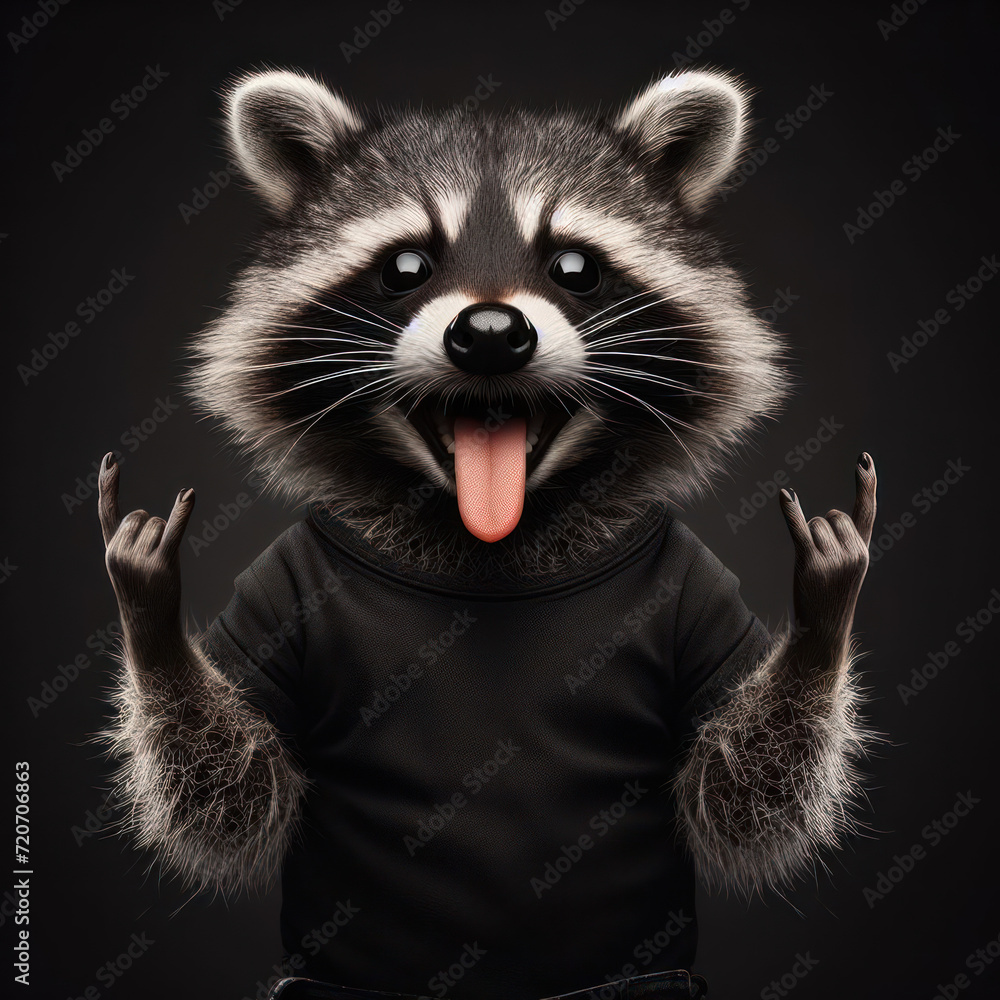 Obraz premium Funny Raccoon showing tongue, with black t-shirt, making a signal, high quality portrait, isolated black background.