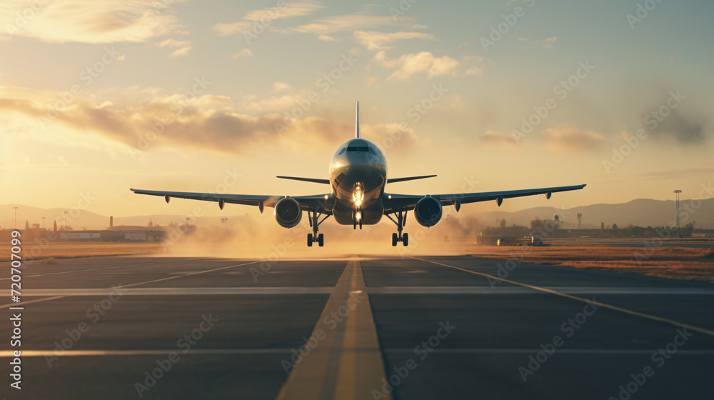 Fototapeta premium airplane landing at sunset