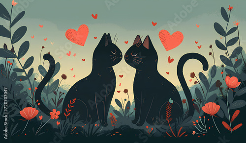 two kittens in love opposite each other, cartoon style valentine's day card