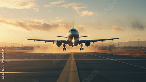 airplane landing at sunset photo