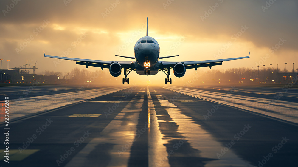 Fototapeta premium airplane landing at sunset