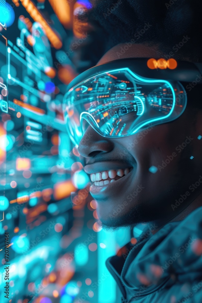 E-commerce startup concept. Smiling young businessman with a futuristic AI headset, holographic screens displaying around E-commerce startup concept. Smiling young businessman with a futuristic AI headset, holographic screens displaying around